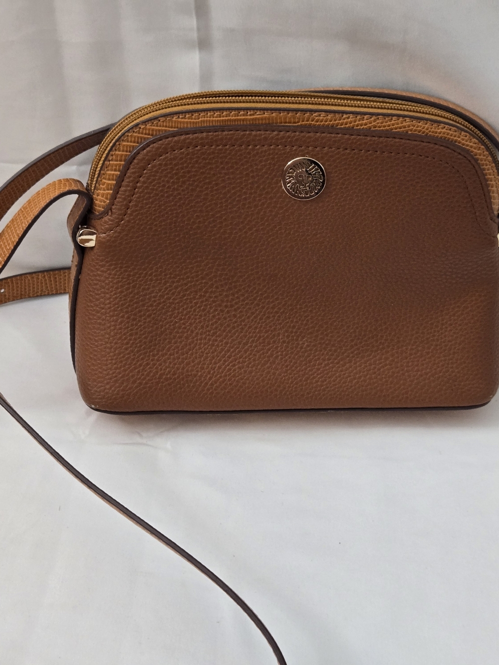 Anne Klein Brown Pebbled Leather Crossbody with Gold Accent